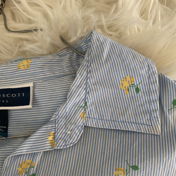 Karen Scott blue white pink striped yellow rose floral printed button front top - Picture 10 of 17